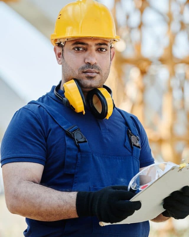 A foreman in a hard hat holding a clipboard on site