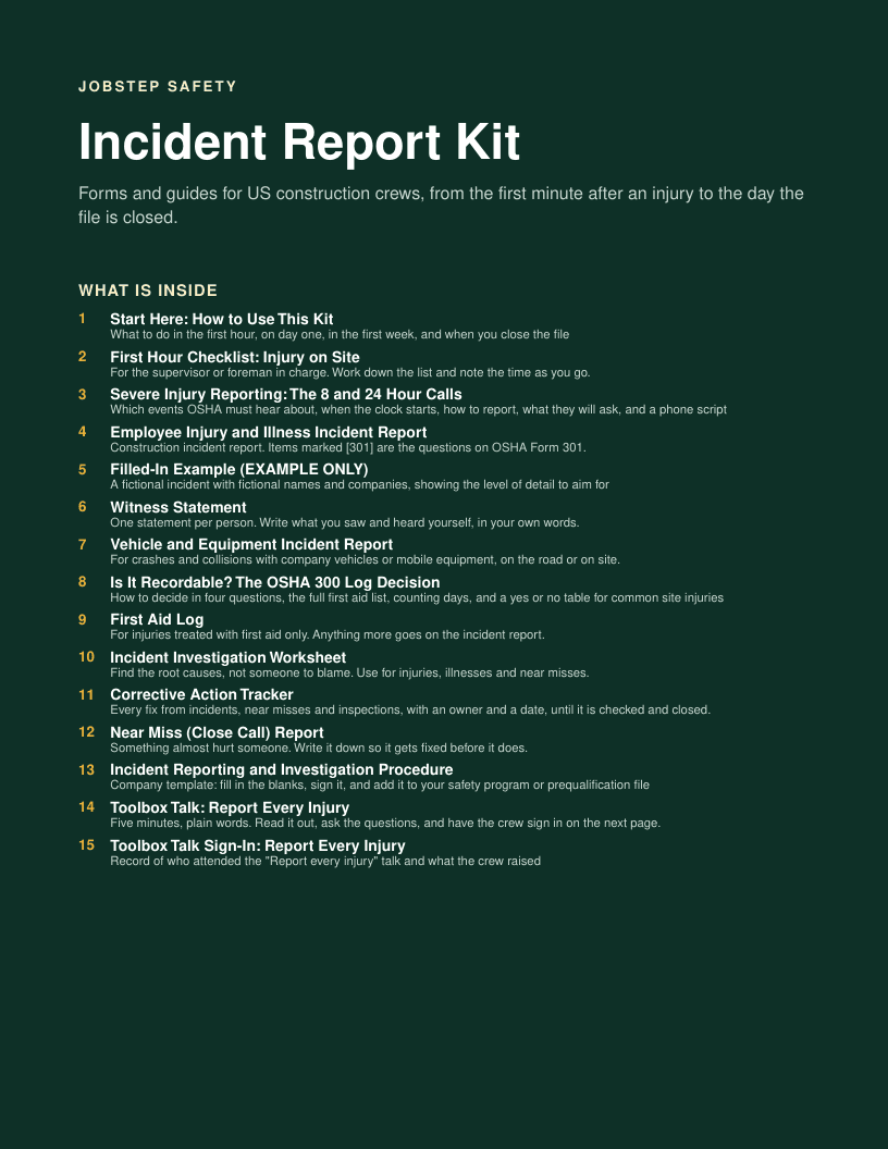 Incident Report Kit: Cover and contents
