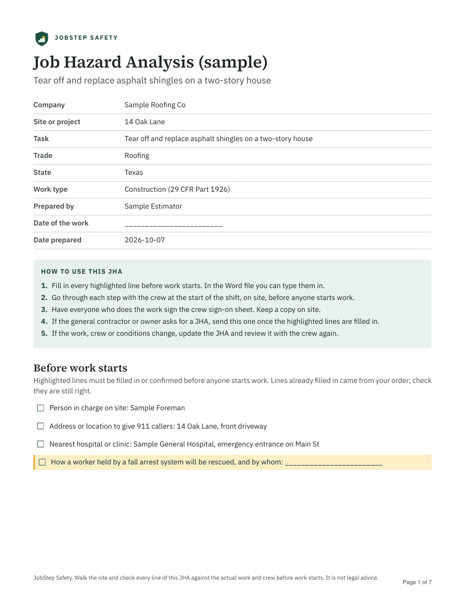 Example page: Cover, job facts and the before-work checklist