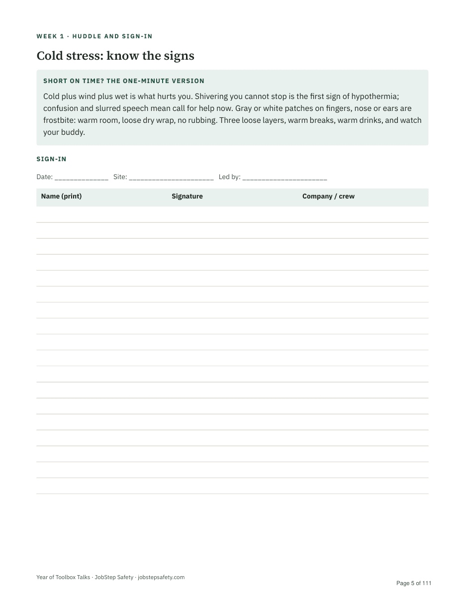 Year of Toolbox Talks: Page 2: one-minute version and sign-in